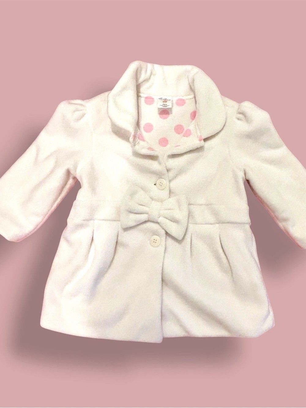 Starting Out white Pea Coat with Pink Polka Dot Lining and bow